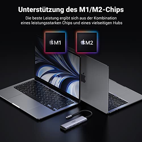 UGREEN USB-C Hub (6-in-1, 100W, 4K@60Hz) dient als docking station und unterstützt M1/M2-Chips für maximale Leistung in Kombination mit einem vielseitigen Hub.