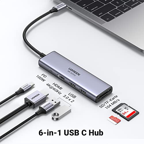 UGREEN USB-C Hub (6-in-1, 100W, 4K@60Hz) bietet als docking station vielseitige Multi-Port-Erweiterung in einem kompakten 6-in-1 Design.