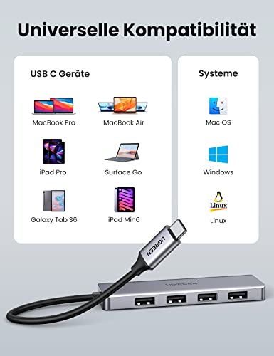 Der UGREEN USB-C Hub (4-Port, USB 3.0, OTG) wirkt als praktische dockingstation und ist mit zahlreichen Geräten wie Laptops, Tablets, Smartphones und weiteren USB-C-fähigen Geräten kompatibel.