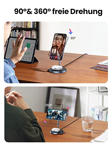 UGREEN 15W 2-IN-1 Magnetischer Kabelloser Ladeständer bietet als powerbank eine magsafe-kompatible 90°- und 360°-freie Drehung für flexible Betrachtungs- und Ladepositionen.
