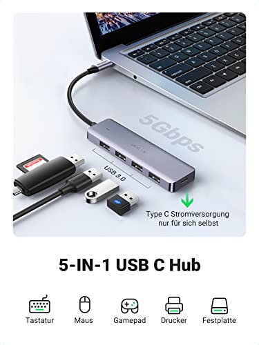 Der UGREEN USB-C Hub (4-Port, USB 3.0, OTG) fungiert als multifunktionale dockingstation und unterstützt gleichzeitig Tastatur, Maus, Gamepad, Drucker sowie externe Festplatten über seine USB-3.0-Ports.