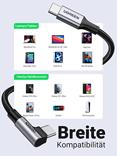 UGREEN 100W USB C auf USB C Kabel Winkel PD 3.0 QC 4.0+ USB-C Ladekabel 90 Grad
