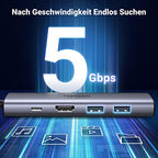 UGREEN USB-C Hub (6-in-1, 100W, 4K@60Hz) bietet als docking station superschnelle 5Gbps-Datenübertragung für sofortiges Finden ohne Wartezeit.