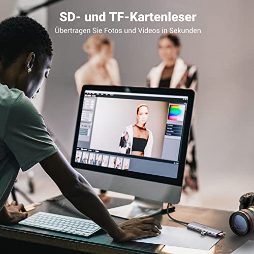 UGREEN USB-C Hub (6-in-1, 100W, 4K@60Hz) verfügt als docking station über SD- und TF-Kartenleser, die Fotos und Videos in Sekunden übertragen.