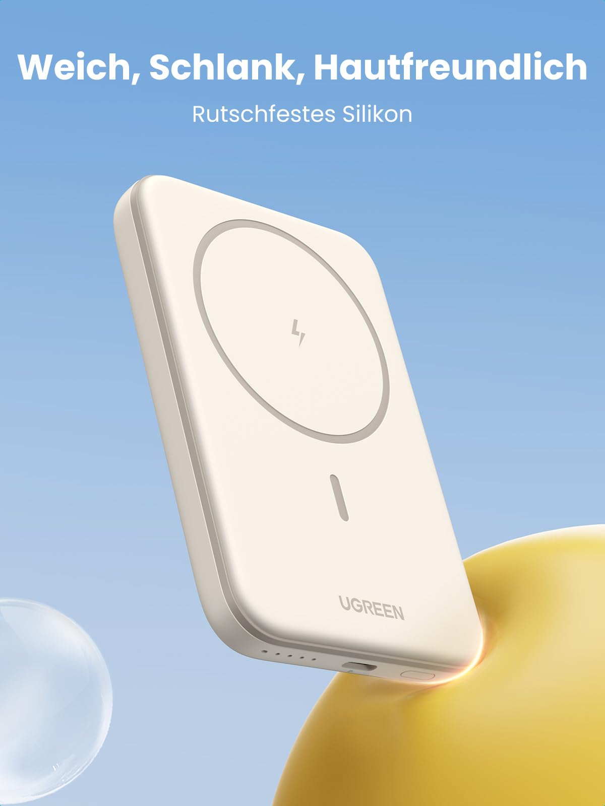 UGREEN Kabellose Magnetische Powerbank 5000mAh bietet als powerbank ein weiches, schlankes und hautfreundliches Design aus rutschfestem Silikon für eine angenehme magsafe-Nutzung.