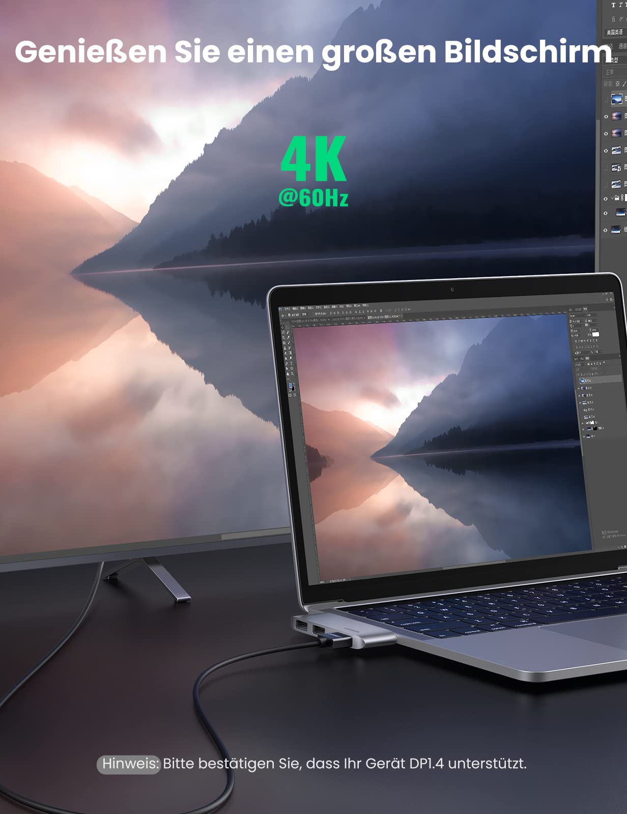 UGREEN USB-C Hub (4K@30Hz, 5Gbps, 5-in-1) ermöglicht als docking station eine 4K@60Hz Ausgabe für ein großes, klares und beeindruckendes Bildschirm-Erlebnis.