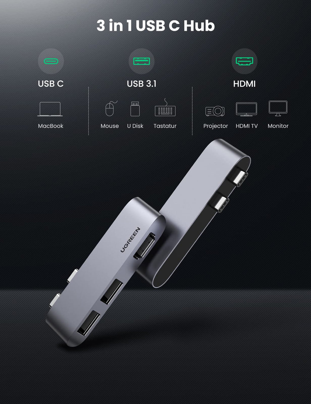 UGREEN USB-C Hub (4K@30Hz, 5Gbps, 5-in-1) fungiert als docking station mit USB-C, USB 3.1 und HDMI und ermöglicht den Anschluss von Maus, USB-Laufwerk, Tastatur und Projektor.