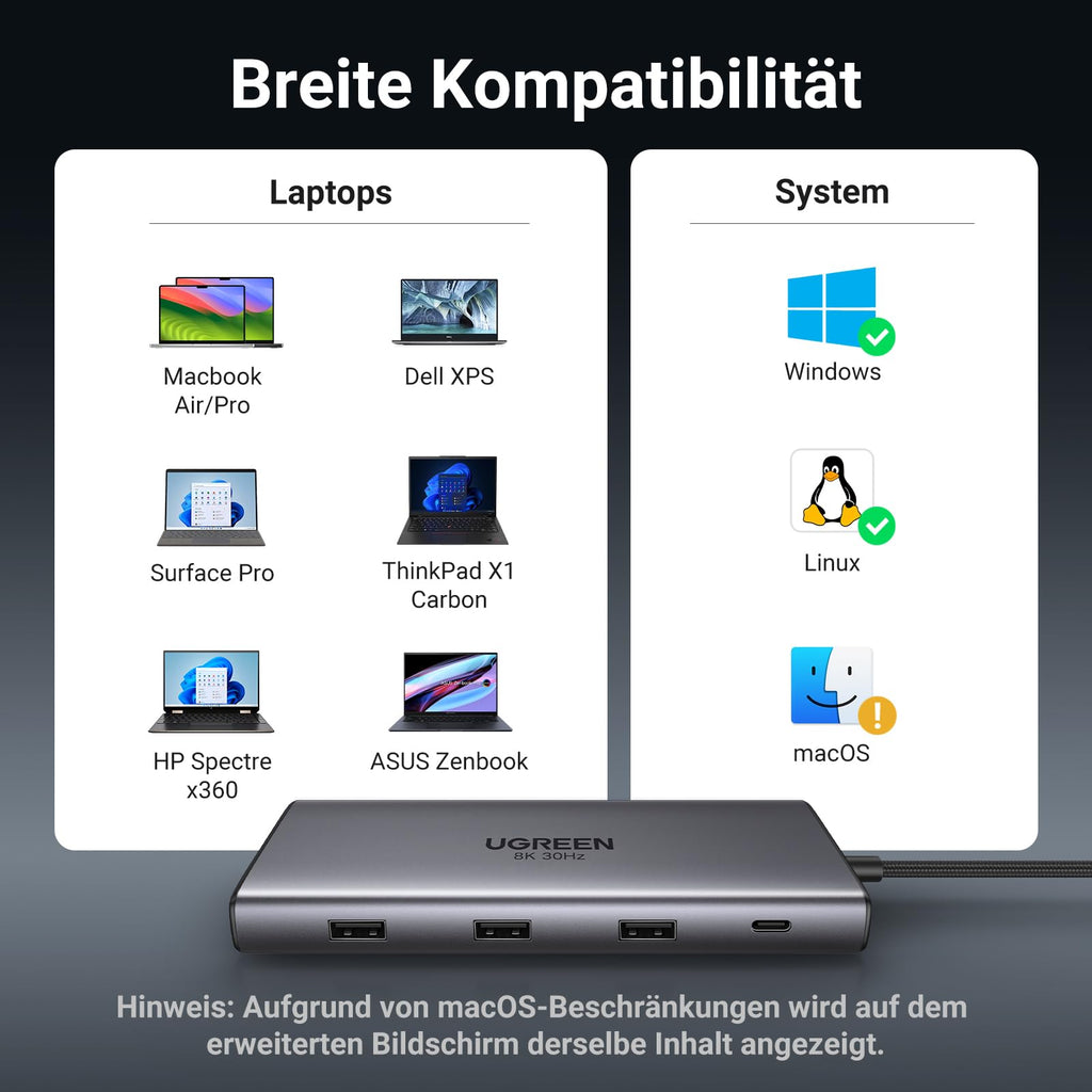 Die UGREEN Revodok Pro 210 Dockingstation (10-IN-1, Dual 4K@60Hz, 5Gbps) ist mit einer breiten Auswahl an Laptops und Betriebssystemen kompatibel, sodass der usb-hub vielfältige Geräte wie MacBook, ThinkPad oder Surface zuverlässig verbindet.
