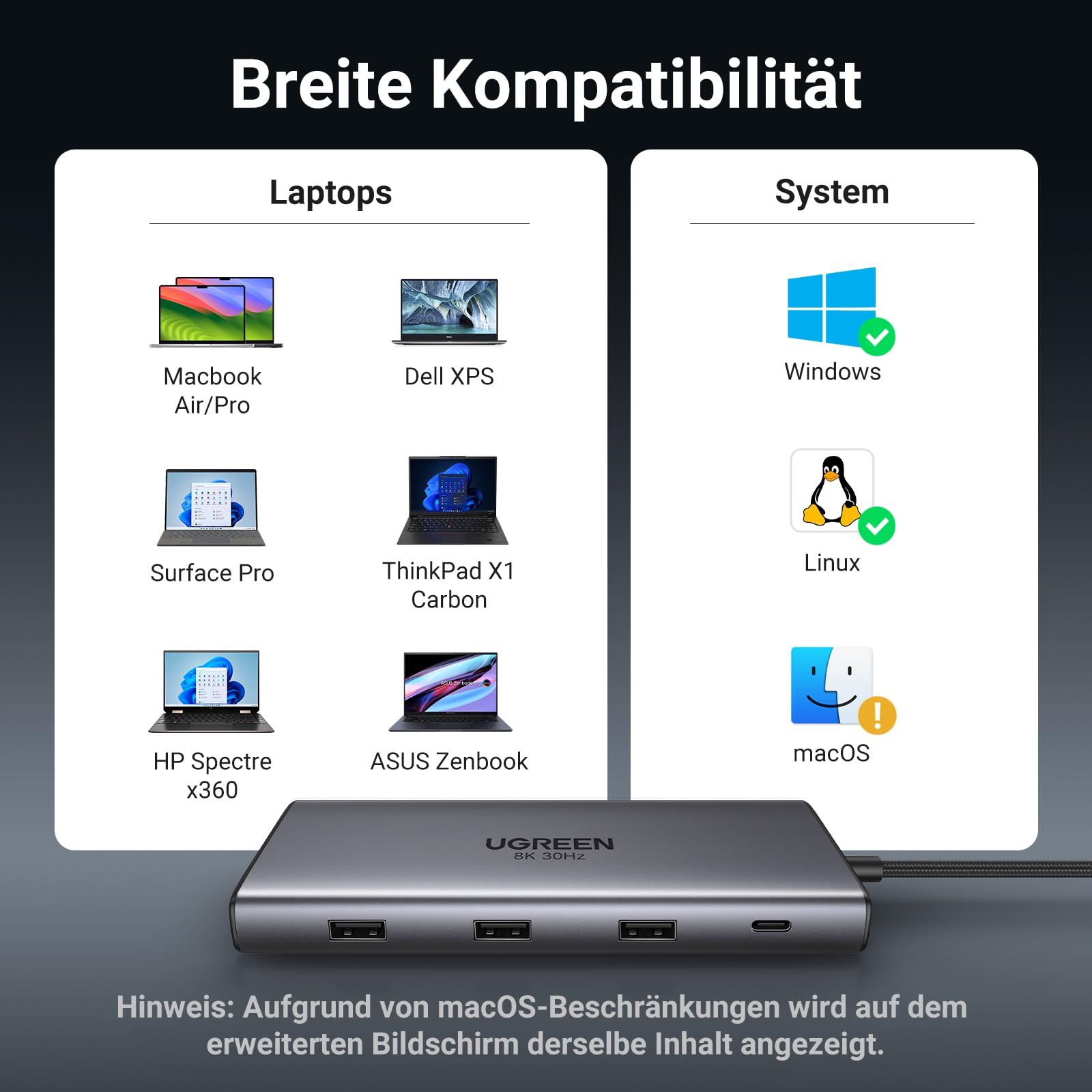 Die UGREEN Revodok Pro 210 Dockingstation (10-IN-1, Dual 4K@60Hz, 5Gbps) ist mit einer breiten Auswahl an Laptops und Betriebssystemen kompatibel, sodass der usb-hub vielfältige Geräte wie MacBook, ThinkPad oder Surface zuverlässig verbindet.