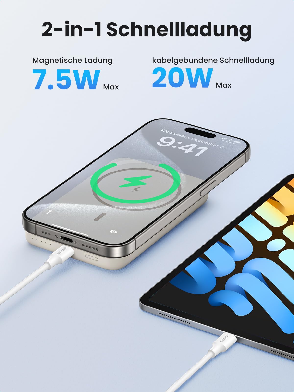 UGREEN Magnetische Kabellose Powerbank 10000mAh mit USB-C Kabel bietet als powerbank eine 2-in-1 Schnellladung mit magsafe-magnetischem Laden bis 7,5W und kabelgebundener Schnellladung bis 20W.
