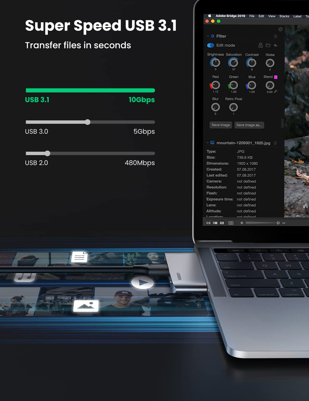 UGREEN USB-C Hub (4K@30Hz, 5Gbps, 5-in-1) bietet als docking station Super-Speed USB 3.1 mit bis zu 10Gbps für extrem schnelle Dateiübertragungen.