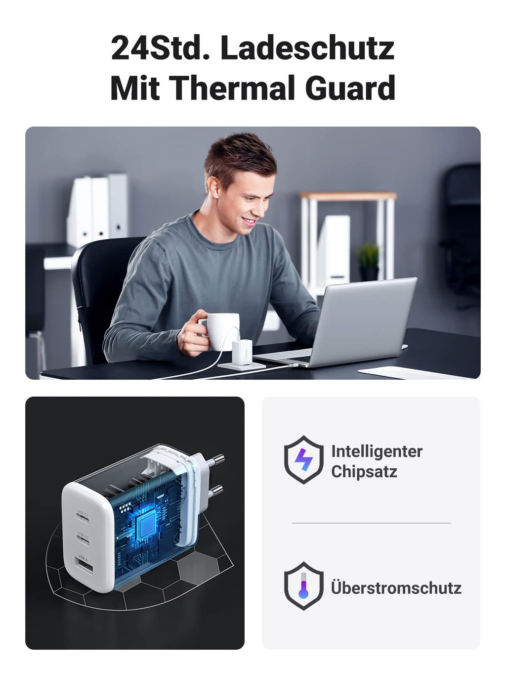 UGREEN 65 W USB-C Schnellladegerät mit 3-Ports, 24Std, Ladechutz Mit Thermal Guard