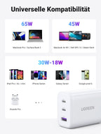 UGREEN 65 W USB-C Schnellladegerät mit 3-Ports, Universelle Kompatibilitat