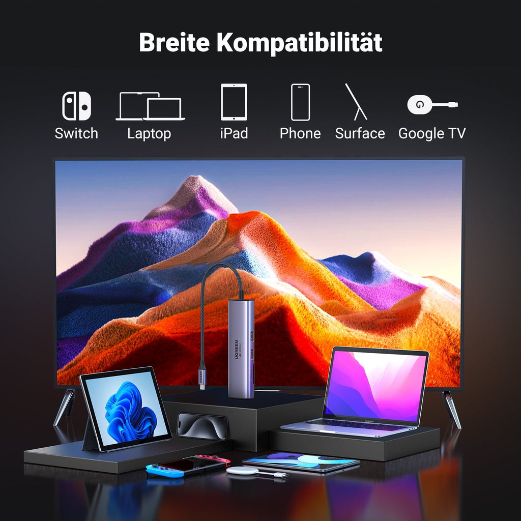 Der UGREEN Revodok HDMI USB-C Hub (7-IN-1, 4K@60Hz, 1000Mbit/s) fungiert als flexible dockingstation und ist mit Geräten wie Switch, Laptops, iPads, Smartphones, Surface-Modellen und Google TV breit kompatibel.