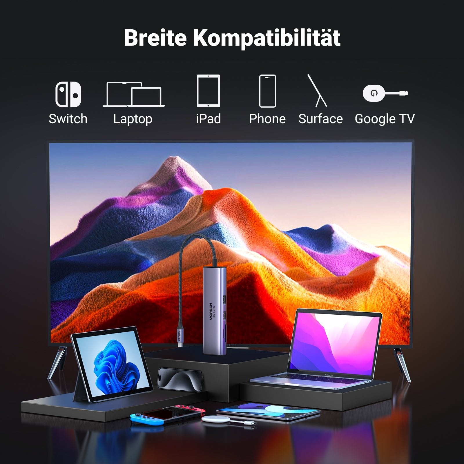 Der UGREEN Revodok HDMI USB-C Hub (7-IN-1, 4K@60Hz, 1000Mbit/s) fungiert als flexible dockingstation und ist mit Geräten wie Switch, Laptops, iPads, Smartphones, Surface-Modellen und Google TV breit kompatibel.