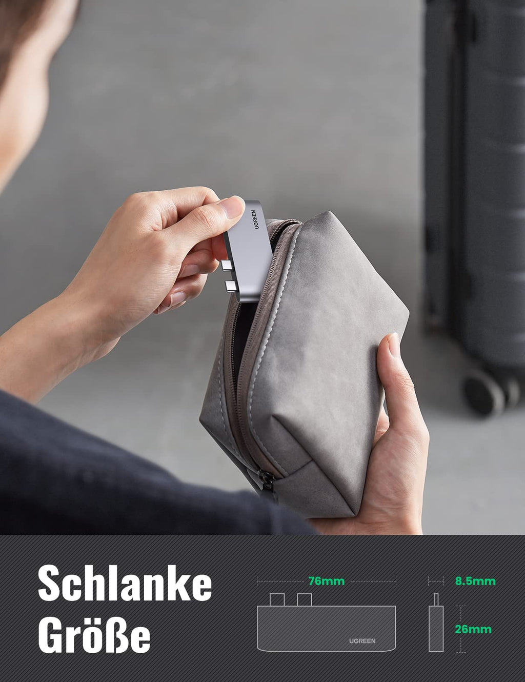 UGREEN USB-C Hub (4K@30Hz, 5Gbps, 5-in-1) überzeugt als docking station mit einer schlanken Größe von 78 × 28 × 8,5 mm für flexible Nutzung am MacBook.