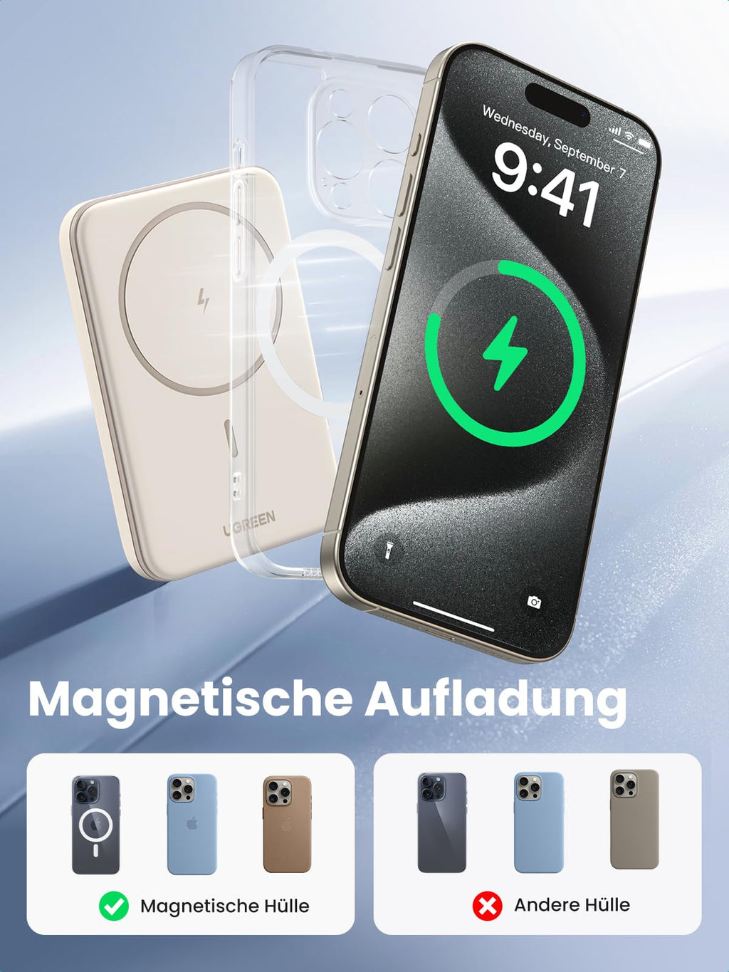 UGREEN Kabellose Magnetische Powerbank 5000mAh bietet als powerbank eine magsafe-magnetische Aufladung, die mit magnetischen Hüllen optimal funktioniert.