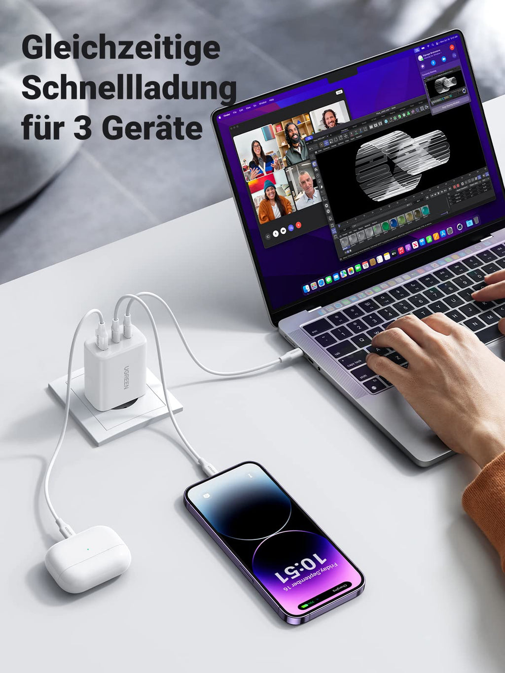 UGREEN 65 W USB-C Schnellladegerät mit 3-Ports, Gleichzeitige Schnellladung fur 3 Gerate