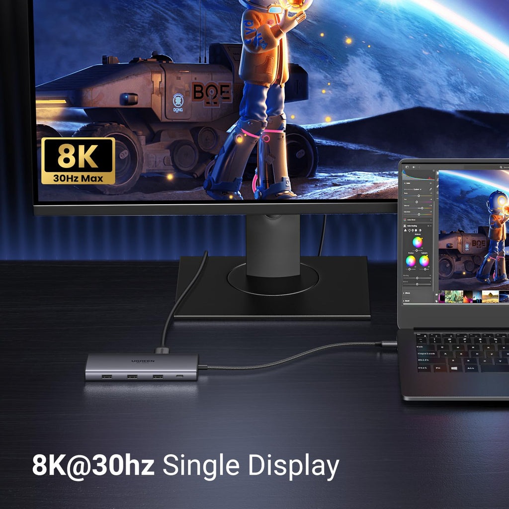 Die UGREEN Revodok Pro 210 Dockingstation (10-IN-1, Dual 4K@60Hz, 5Gbps) unterstützt beeindruckende 8K-Ausgabe bei Einzelbildschirmbetrieb und macht den usb-hub ideal für visuelle Aufgaben mit höchster Detailgenauigkeit.