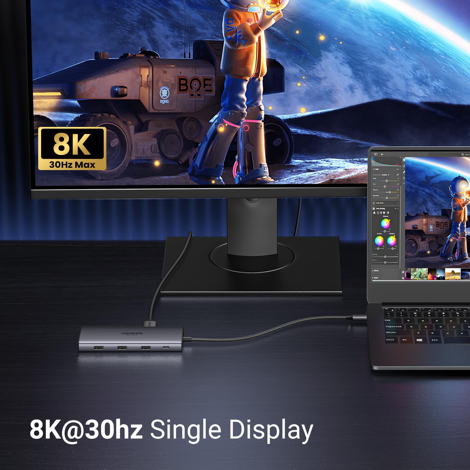 Die UGREEN Revodok Pro 210 Dockingstation (10-IN-1, Dual 4K@60Hz, 5Gbps) unterstützt beeindruckende 8K-Ausgabe bei Einzelbildschirmbetrieb und macht den usb-hub ideal für visuelle Aufgaben mit höchster Detailgenauigkeit.