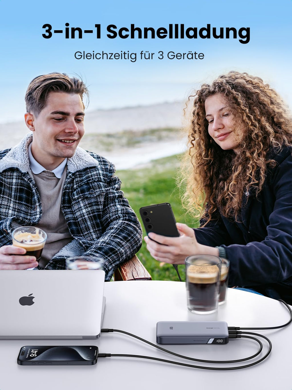 UGREEN 100W Power Bank 20000mAh Powerbank ermöglicht als powerbank eine 3-in-1 Schnellladung und versorgt gleichzeitig drei Geräte effizient.