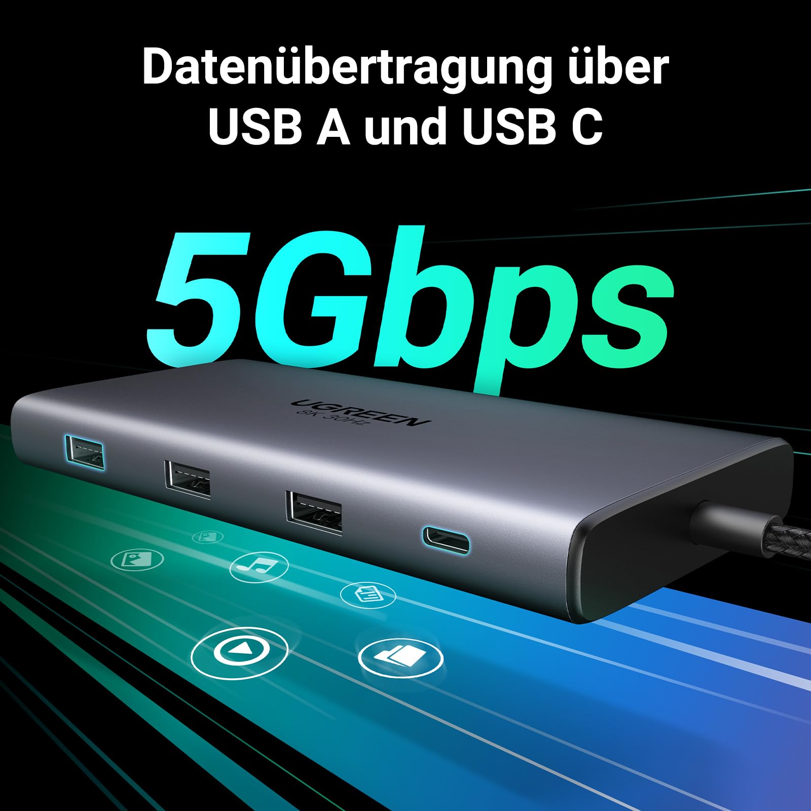 Die UGREEN Revodok Pro 210 Dockingstation (10-IN-1, Dual 4K@60Hz, 5Gbps) ermöglicht über ihre USB-A- und USB-C-Ports schnelle 5Gbps-Datenübertragung, wodurch der usb-hub große Dateien und Medieninhalte zügig verarbeiten kann.