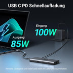 Die UGREEN Revodok Pro 210 Dockingstation (10-IN-1, Dual 4K@60Hz, 5Gbps) liefert über USB-C Power Delivery bis zu 85W Ausgangsleistung und macht den usb-hub ideal für unterbrechungsfreies Arbeiten während des Ladens.