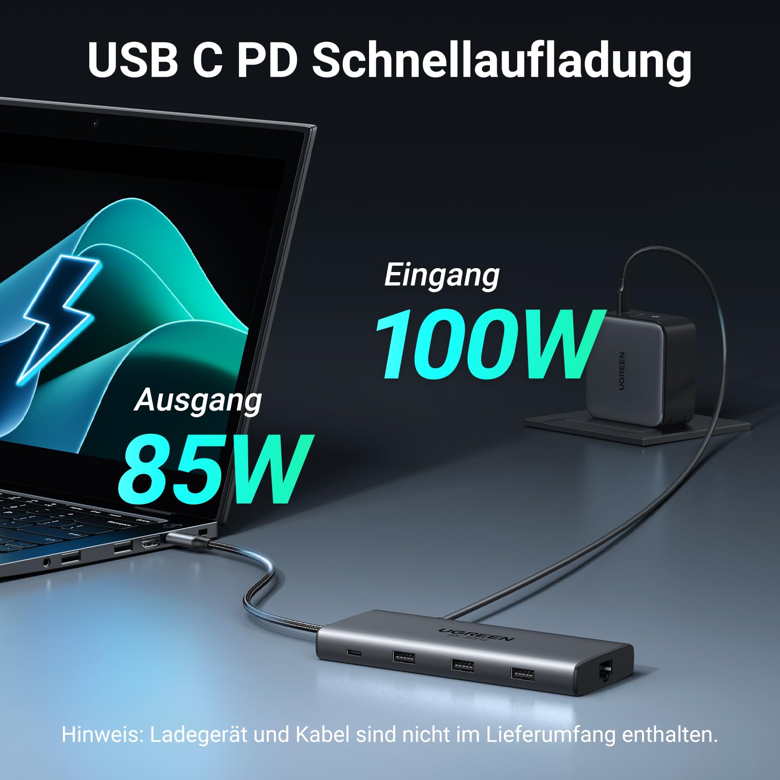 Die UGREEN Revodok Pro 210 Dockingstation (10-IN-1, Dual 4K@60Hz, 5Gbps) liefert über USB-C Power Delivery bis zu 85W Ausgangsleistung und macht den usb-hub ideal für unterbrechungsfreies Arbeiten während des Ladens.