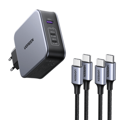 Ugreen 140W 3-Ports GaN Wandladegerät+3 Stück 100W USB-C Ladekabel(1m)