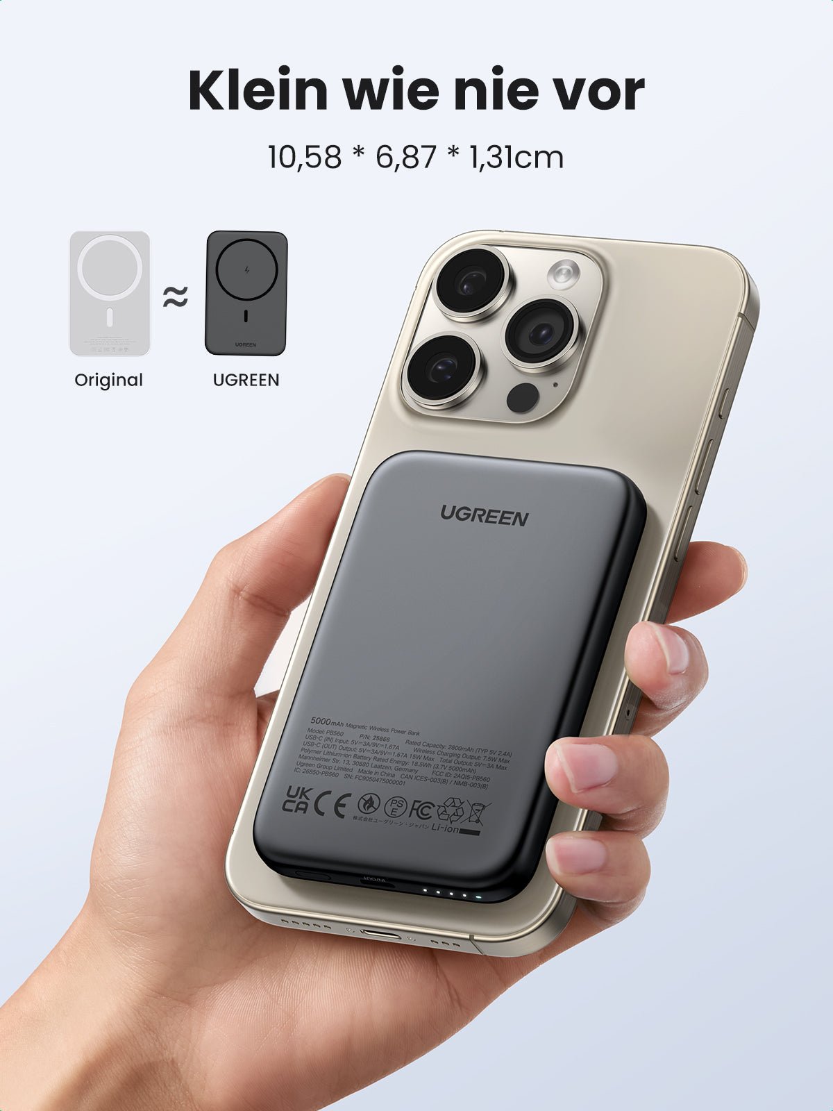 UGREEN Magnetische Kabellose Powerbank 10000mAh mit USB-C Kabel ist als powerbank besonders kompakt und magsafe-freundlich, mit einem Format von nur 10,58 × 6,87 × 1,31 cm.
