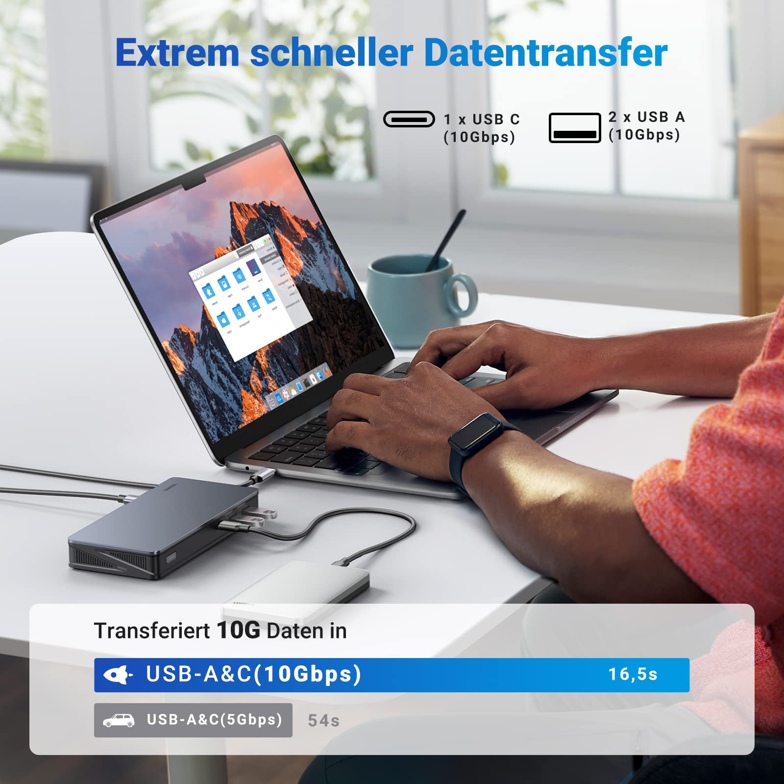 Der UGREEN Revodok Max 208 dient als vielseitiger usb hub für extrem schnellen Datentransfer über USB-A und USB-C mit 10Gbps und ermöglicht ein effizientes Workflow-Setup am Laptop.