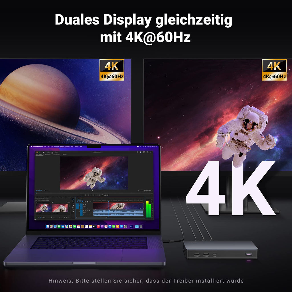 Die UGREEN Revodok Max 208 Dockingstation ermöglicht als schneller usb hub eine gleichzeitige 4K@60Hz Dual-Display-Ausgabe für flüssiges Arbeiten und hochwertige visuelle Inhalte.