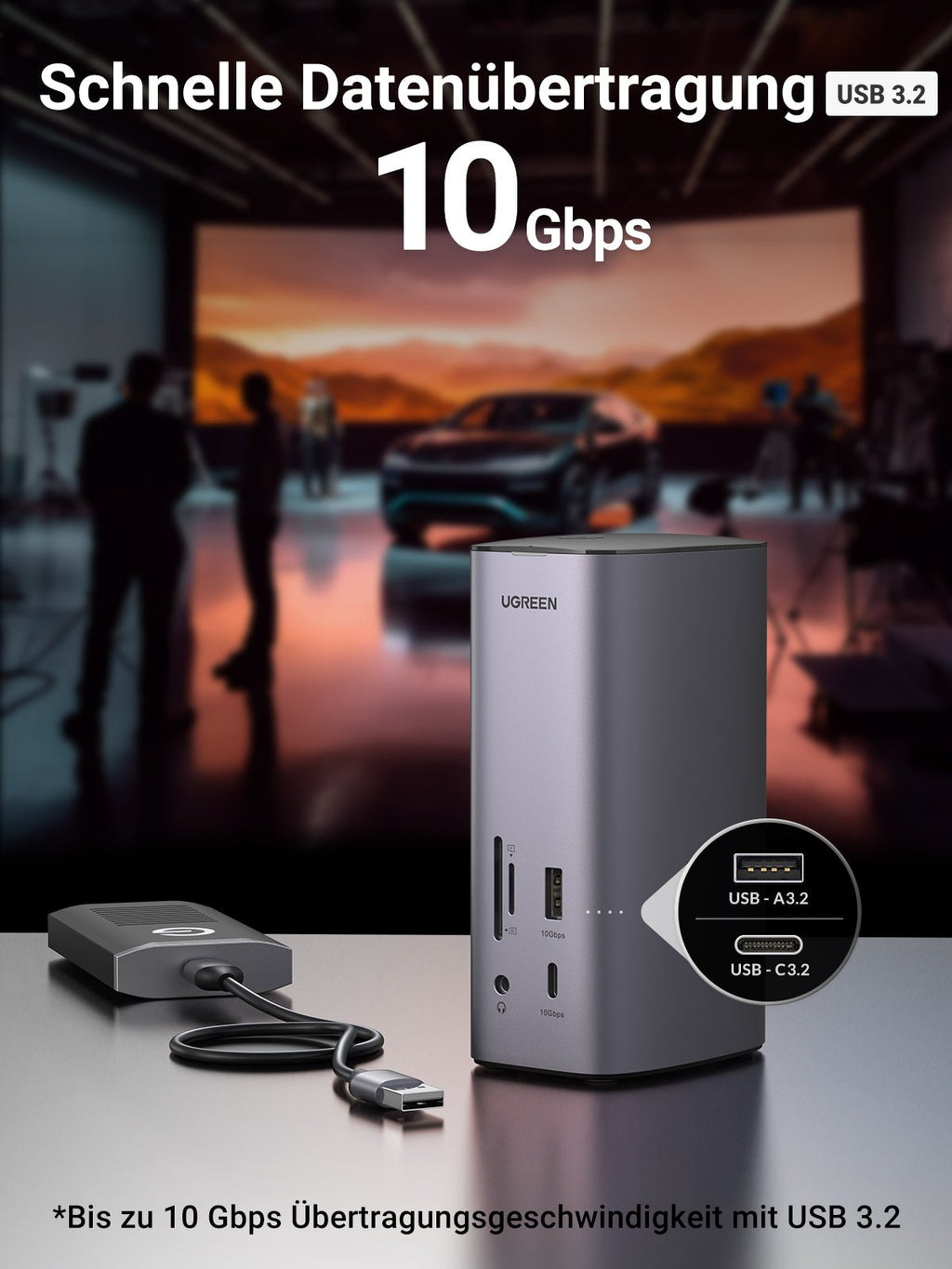 Die UGREEN Revodok Pro 312 USB-C Dockingstation (8K, Triple Display) ermöglicht als leistungsfähiger usb hub schnelle Datenübertragungen über USB 3.2 mit bis zu 10 Gbps für effiziente Datei-Workflows.