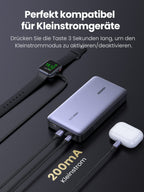 UGREEN Nexode Powerbank 25000mAh 145W ist als powerbank perfekt kompatibel für Kleinstromgeräte; drücken Sie die Taste 3 Sekunden lang, um den Kleinstrommodus zu aktivieren oder zu deaktivieren.Kleinstromgerate