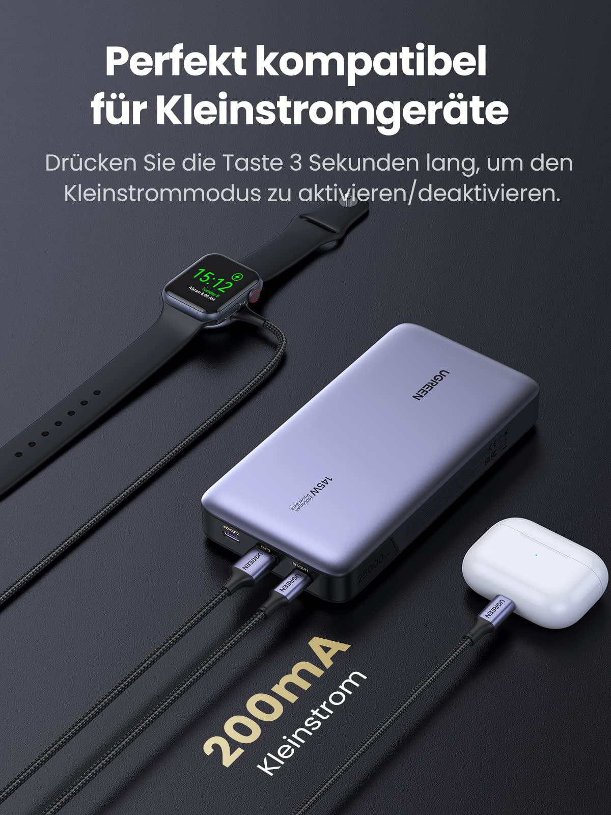 UGREEN Nexode Powerbank 25000mAh 145W ist als powerbank perfekt kompatibel für Kleinstromgeräte; drücken Sie die Taste 3 Sekunden lang, um den Kleinstrommodus zu aktivieren oder zu deaktivieren.Kleinstromgerate